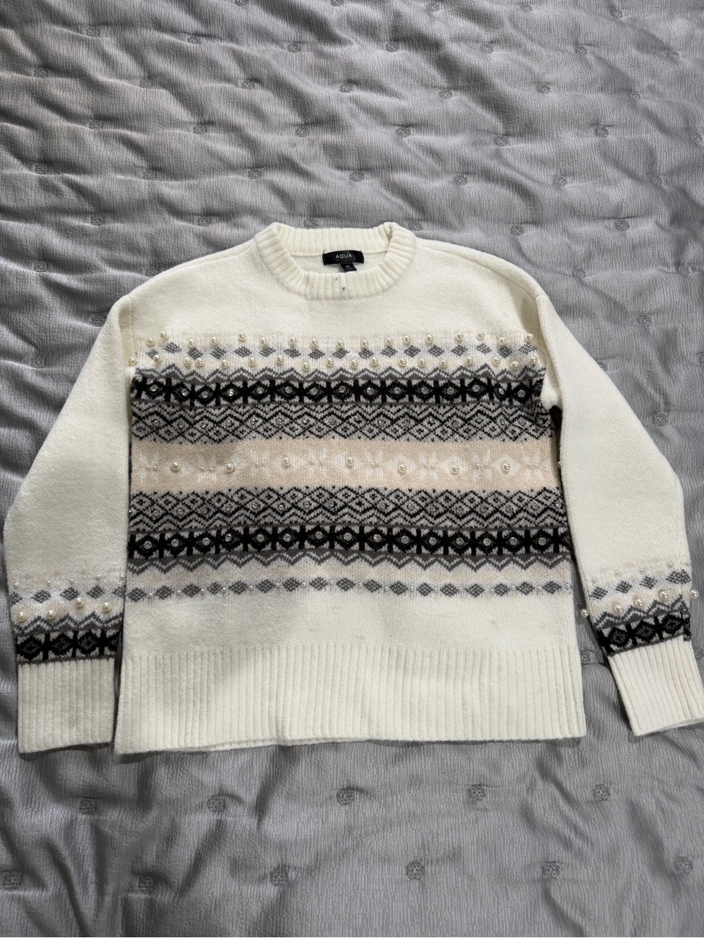 Aqua Ivory Crewneck Sweater with Black and Gray Fair Isle Pattern